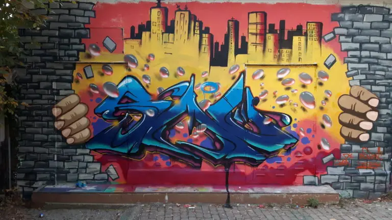 Grafitti Wand in dem zwei Hände eine Wand aufreissen und SMÜ drauf steht und man eine Stadt Silhouette sieht